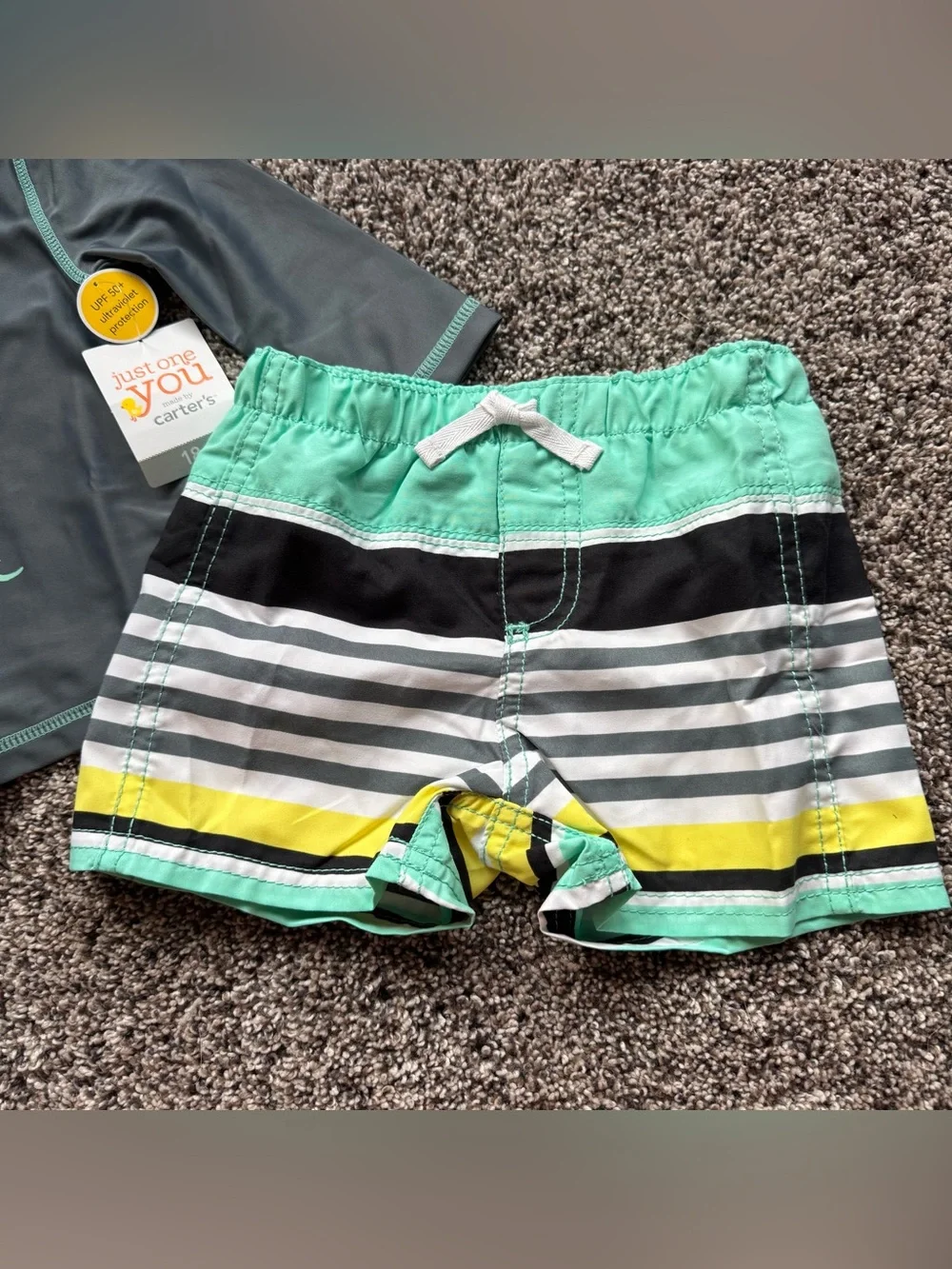Gray and Teal Kids Swim Set — Long-Sleeve Rash Guard with Striped Trunks